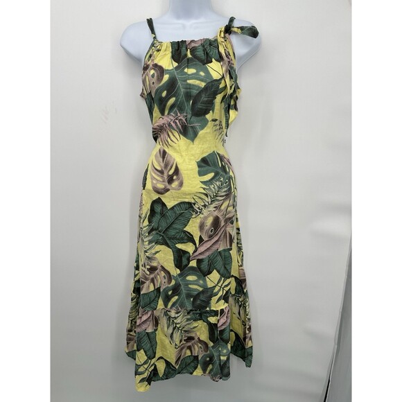 BELLA AMBRA Italy Linen Tropical Hawaiian print Midi Dress Shift Ruffle Hem Bow - Picture 6 of 13